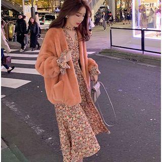 Bell-sleeve Choker-neck Floral Print Midi A-line Dress