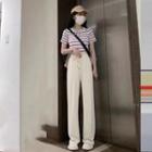 Short-sleeve Striped Polo Shirt / Wide Leg Pants / Set