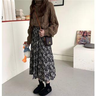Long-sleeve Cable Knit Sweater / High-waist Floral Pleated Skirt
