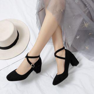 Faux Suede Ankle Strap Chunky Heel Pumps