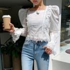 Puff-sleeve Lace-trim Cropped Blouse