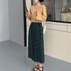 Cold-shoulder Button Long-sleeve T-shirt / Floral Midi A-line Wrap Skirt