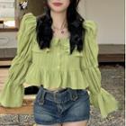 Puff-sleeve Square Neck Plain Ruffle Trim Top Green - One Size