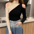 Long-sleeve Two-tone Cold Shoulder Mock-neck Knit Top