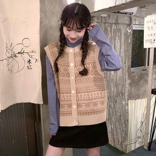 Nordic Pattern Buttoned Knit Vest Beige - One Size
