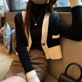 Color Block One Button Cropped Cardigan