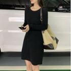 Long-sleeve Drawstring-waist Knit Sheath Dress