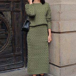 Set: Crew-neck Cable Knit Sweater + Midi Cable Knit Skirt
