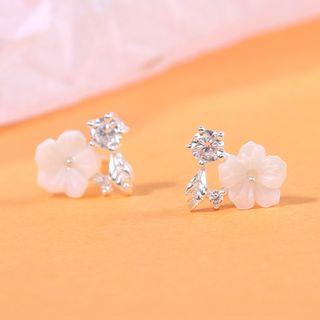 925 Sterling Silver Rhinestone Flower Earring 1 Pair - Silver & White - One Size