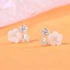 925 Sterling Silver Rhinestone Flower Earring 1 Pair - Silver & White - One Size