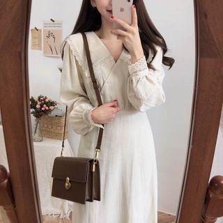 Eyelet Trim Collared Long-sleeve Midi A-line Dress