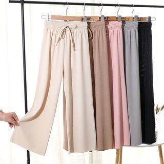 Plain Band-waist Cropped Wide-leg Pants