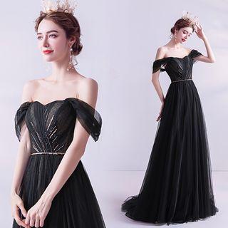 Off-shoulder Beaded A-line Mesh Evening Gown