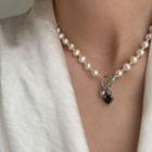 Heart Rhinestone Pendant Faux Pearl Sterling Silver Necklace Xl1233 - 1 Pc - White & Black - One Size