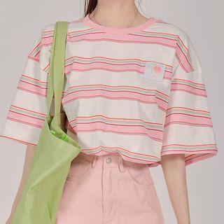 Elbow-sleeve Striped T-shirt Pink & White - One Size