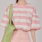 Elbow-sleeve Striped T-shirt Pink & White - One Size