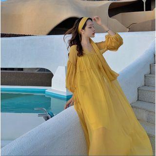 Set: Lantern-sleeve Maxi Chiffon Dress + Scarf