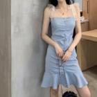 Ruffle-trim Sleeveless Dress Blue - One Size