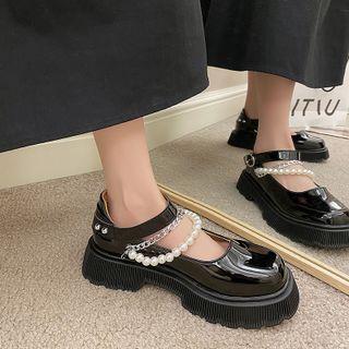 Platform Faux Pearl Chain Patent Mary Janes