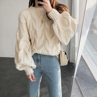Lantern-sleeve Plain Linen Flower Sweater