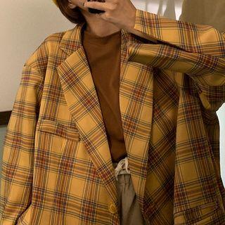 Color-block Plaid Long-sleeve Blazer Yellow - One Size