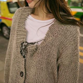 Buttoned Distressed Chunky-knit Cardigan