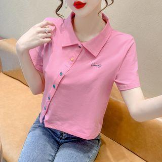 Short-sleeve Asymmetrical Letter Embroidered Polo Shirt