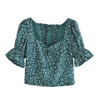 Bell-sleeve Floral Print Crop Top