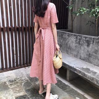 Check V-neck Short-sleeve Dress