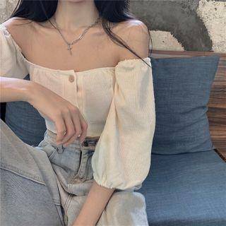 Lantern-sleeve Plain Cropped Top Off-white - One Size