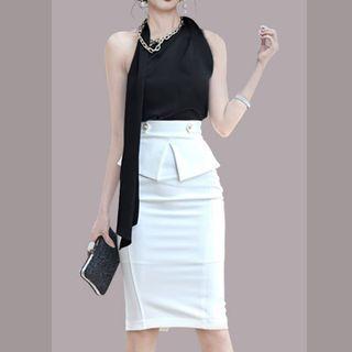 Set: Sleeveless Plain Top + Midi Skirt + Necklace