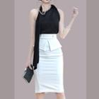 Set: Sleeveless Plain Top + Midi Skirt + Necklace