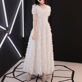 Short-sleeve Fringed Trim A-line Evening Gown