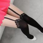 Rose Print Two-tone Tights Black And Nude - One Size