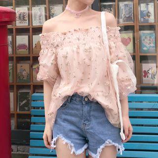 Off-shoulder Lantern-sleeve Embroidered Top