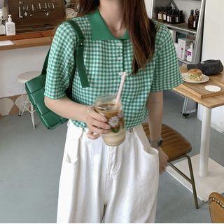 Short-sleeve Gingham Check Polo Shirt Green - One Size