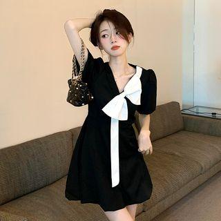 Asymmetrical Puff-sleeve Bow A-line Dress
