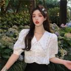 Peter Pan Collar Lace Ruched Puff-sleeve Top