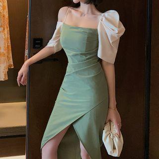 Cold-shoulder Puff-sleeve Slit Sheath Dress