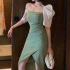 Cold-shoulder Puff-sleeve Slit Sheath Dress