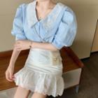 Puff-sleeve Floral Embroidered Blouse / A-line Eyelet Lace Skirt