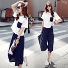 Set: Color Panel Short Sleeve T-shirt + Capri Culottes