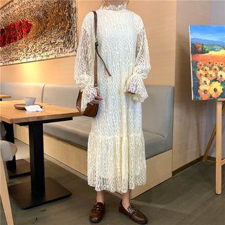 Ruffle-trim Long-sleeve Midi Lace Dress Milky White - One Size