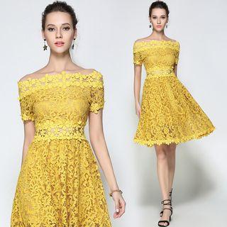 Off-shoulder Short-sleeve A-line Cutout Panel Lace Long Dress