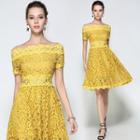 Off-shoulder Short-sleeve A-line Cutout Panel Lace Long Dress