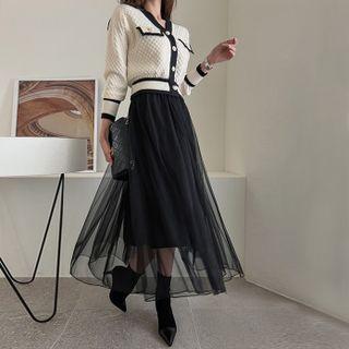 Mesh-panel Contrast-trim Long Knit Dress