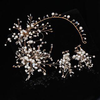 Wedding Set: Faux Pearl Branch Headband + Drop Earring Set Of 2 - Headband & 1 Pair - Drop Earring - Clip-on Earring - As Shown In Figure - One Size