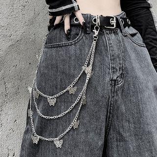 Couple Matching Faux Leather Buckled Belt / Butterfly Layered Waist Chain / Set