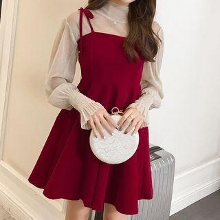 Set: Long-sleeve Mock-neck Sheer Top + Strappy A-line Mini Dress