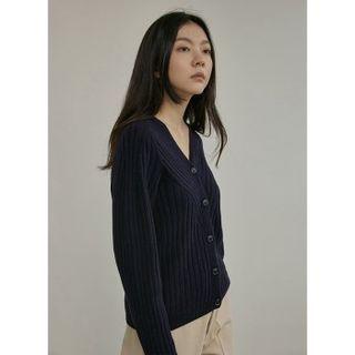 V-neck Rib-knit Woolen Cardigan